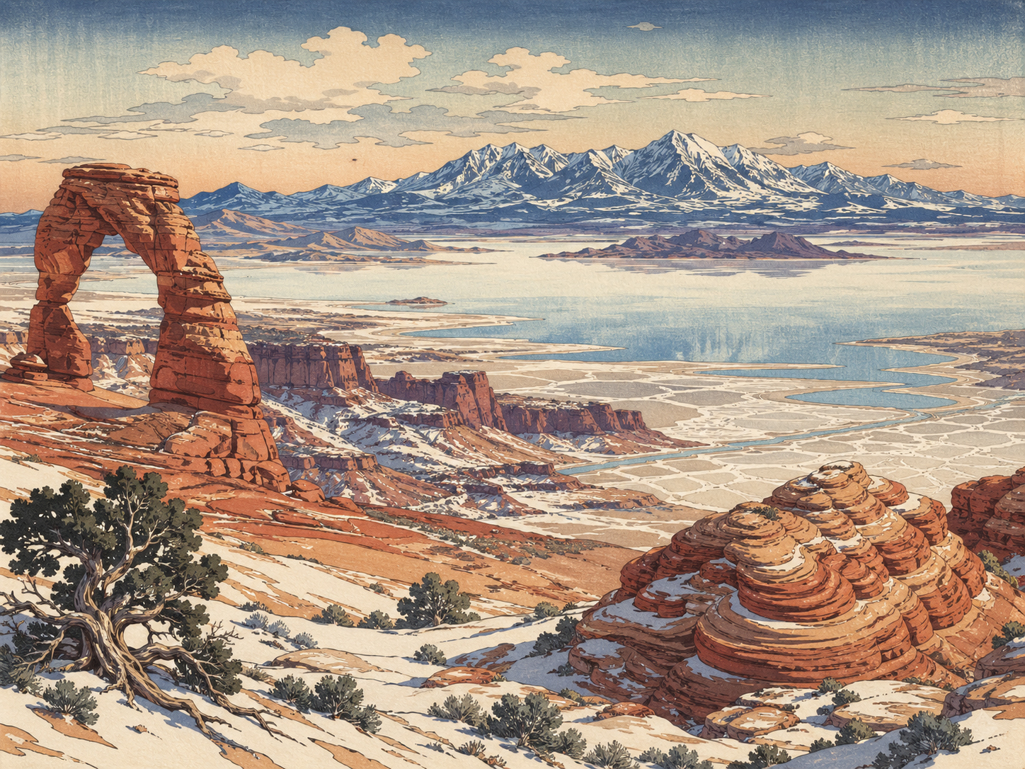 ユタの赤い岩、雪、塩湖、山を描いた風景