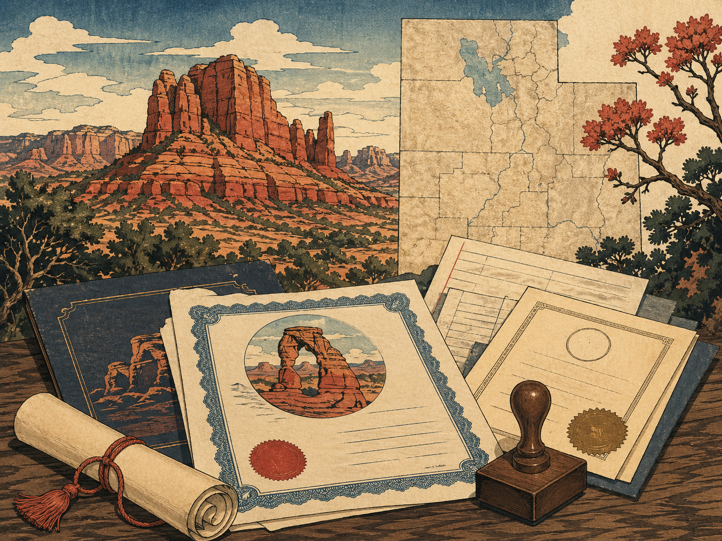 ユタの地図と文書を描いたライセンス案内